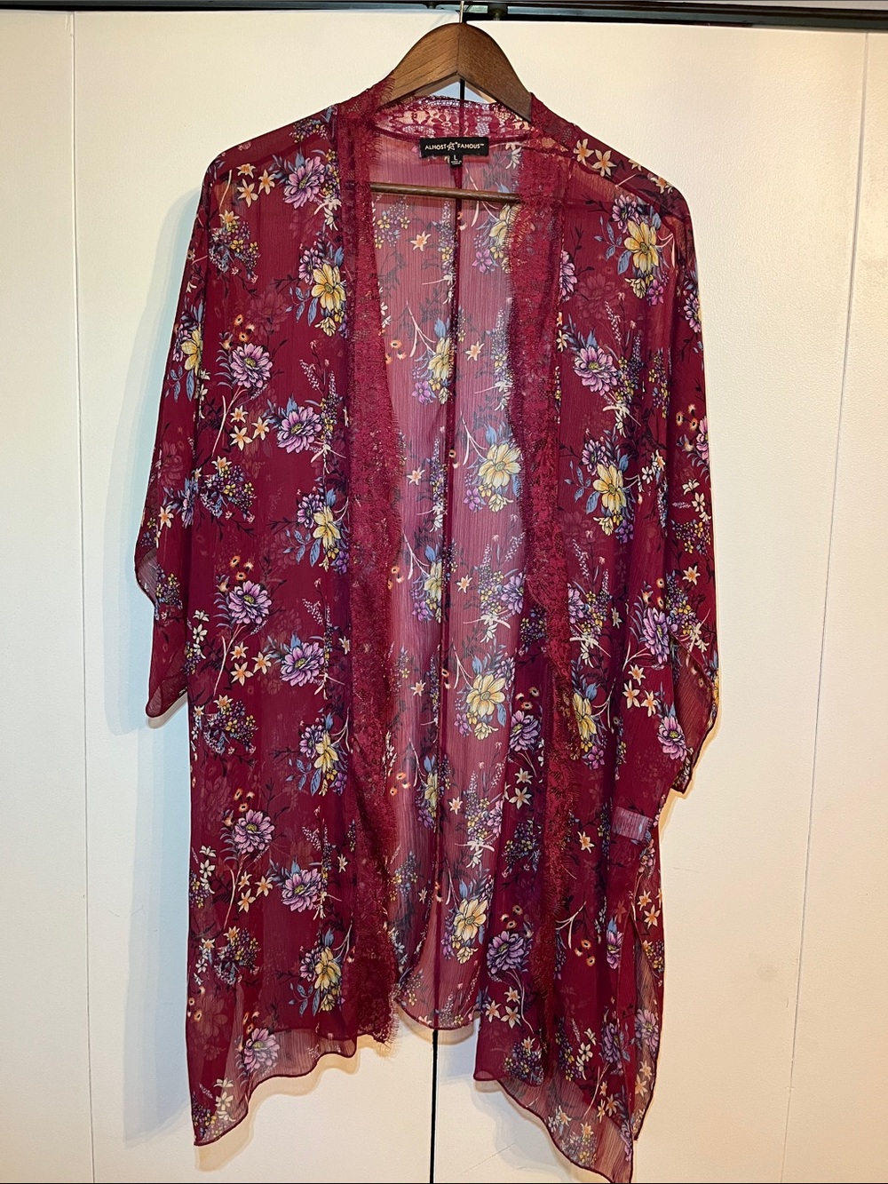 Almost Famous Burgundy Floral Sheer Kimono